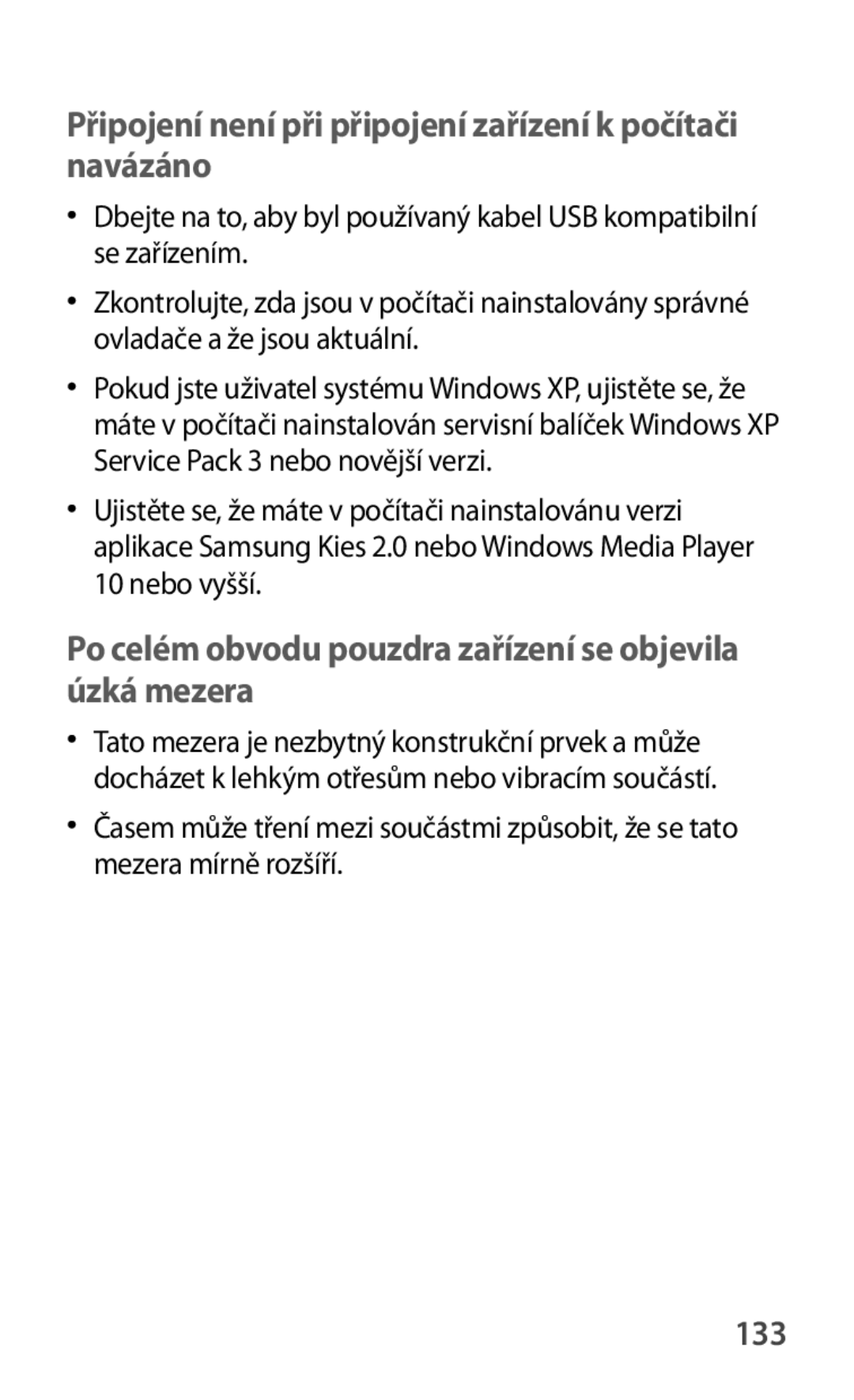 Samsung GT-S5280LKAORX, GT-S5280RWAORX manual Připojení není při připojení zařízení k počítači navázáno, 133 