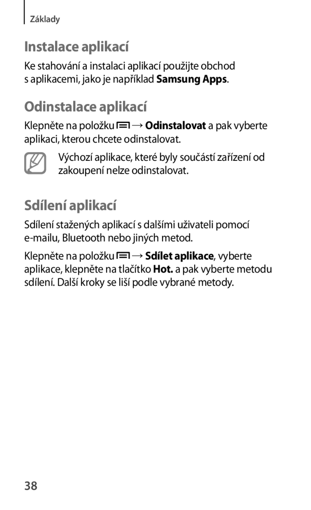 Samsung GT-S5280RWAORX, GT-S5280LKAORX manual Instalace aplikací, Odinstalace aplikací, Sdílení aplikací 
