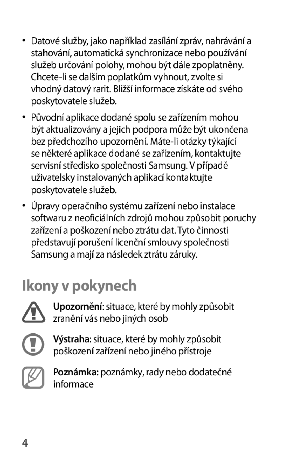 Samsung GT-S5280RWAORX, GT-S5280LKAORX manual Ikony v pokynech, Poznámka poznámky, rady nebo dodatečné informace 