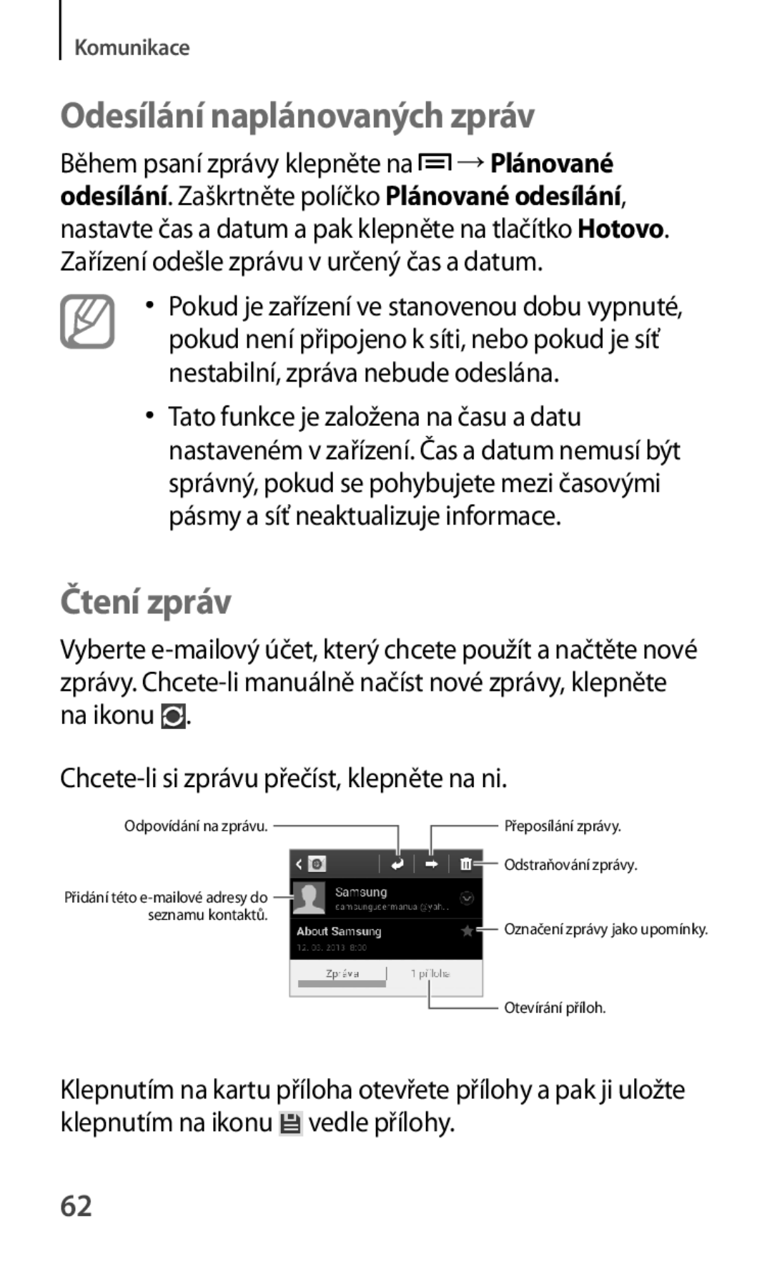Samsung GT-S5280RWAORX, GT-S5280LKAORX manual Odesílání naplánovaných zpráv, Čtení zpráv 