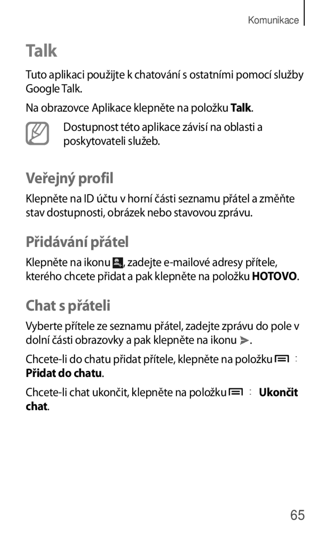 Samsung GT-S5280LKAORX, GT-S5280RWAORX manual Talk, Veřejný profil, Přidávání přátel, Chat s přáteli 