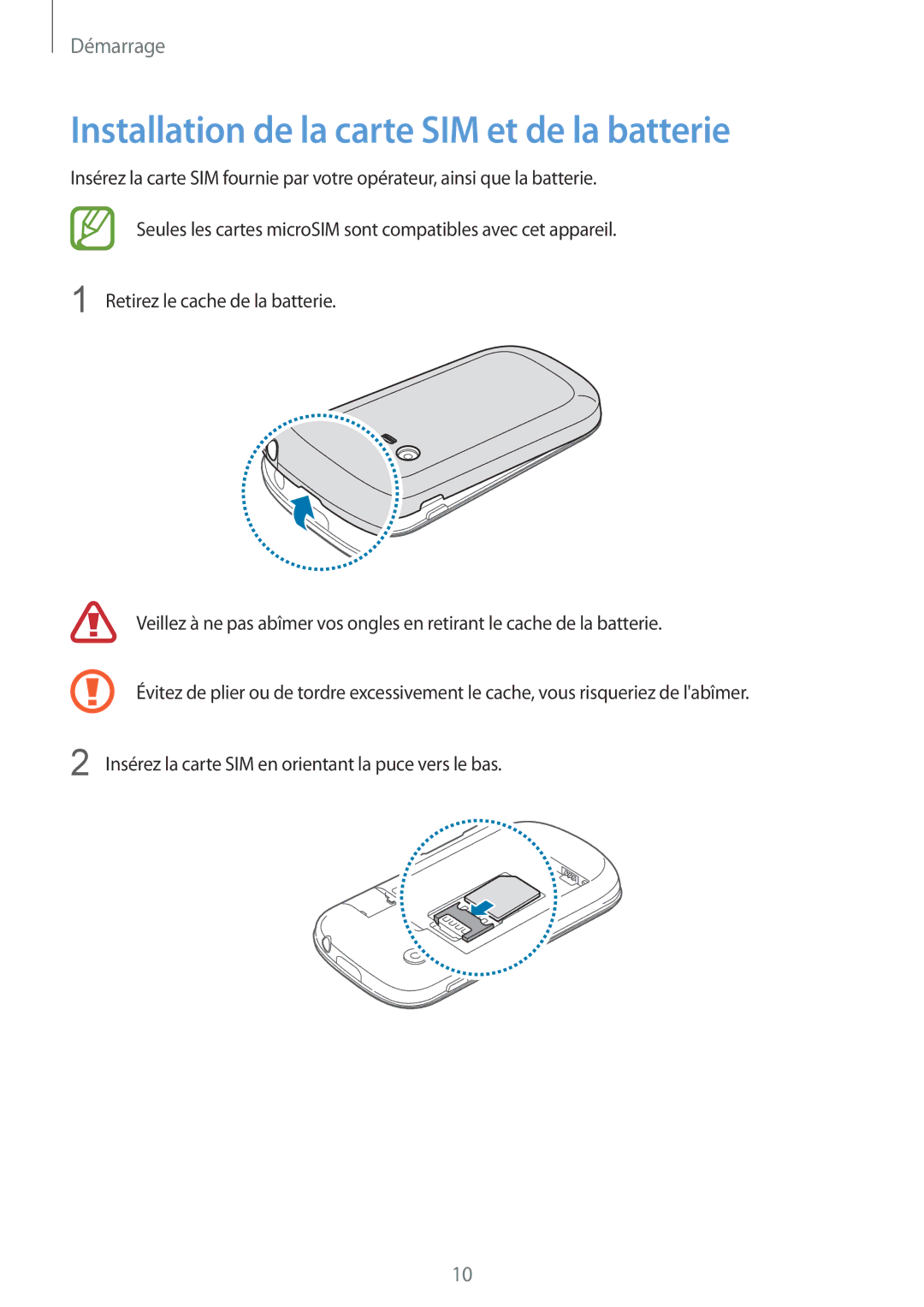 Samsung GT-S5280RWAXEF, GT-S5280LKAXEF manual Installation de la carte SIM et de la batterie 