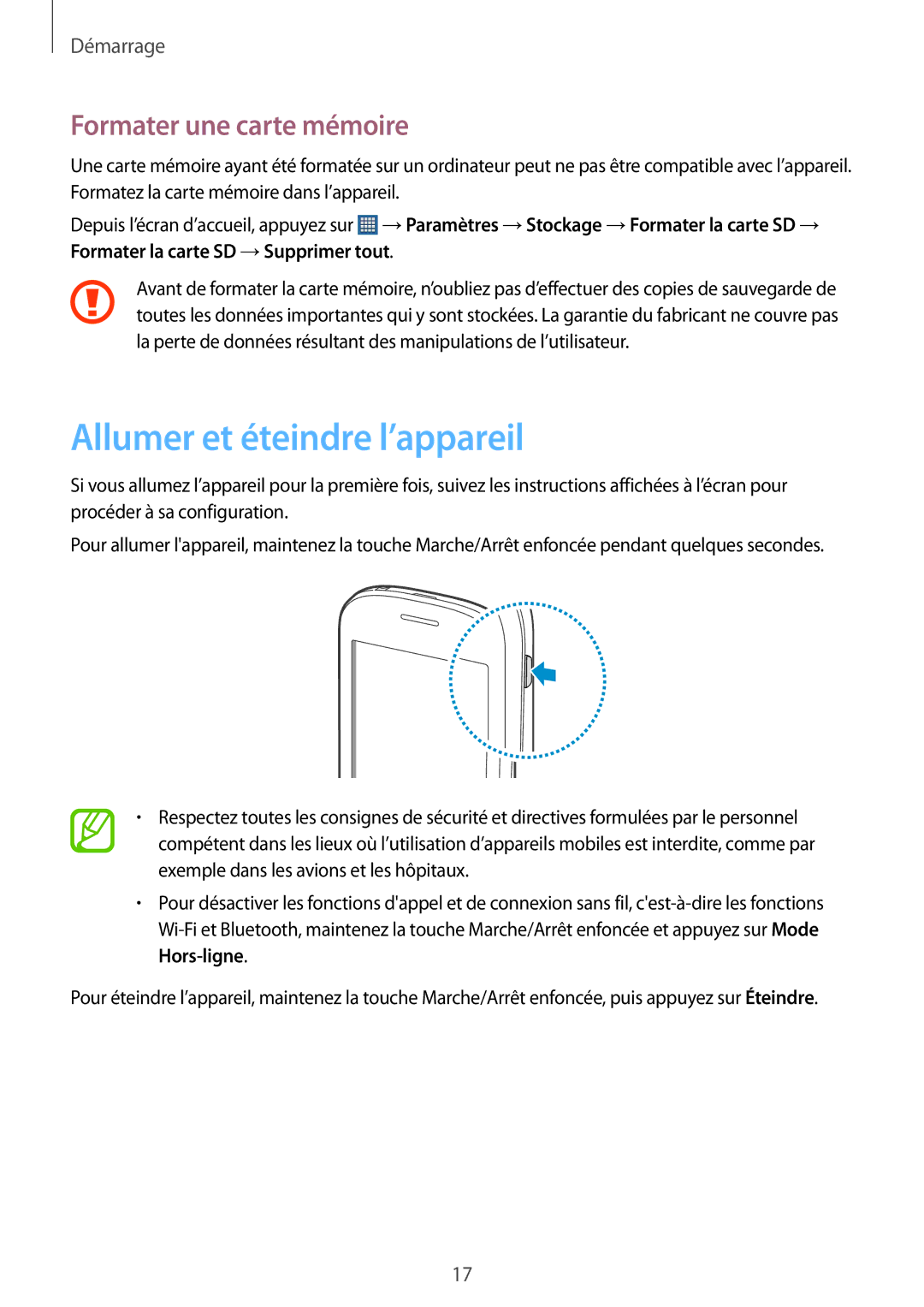 Samsung GT-S5280LKAXEF, GT-S5280RWAXEF manual Allumer et éteindre l’appareil, Formater une carte mémoire 