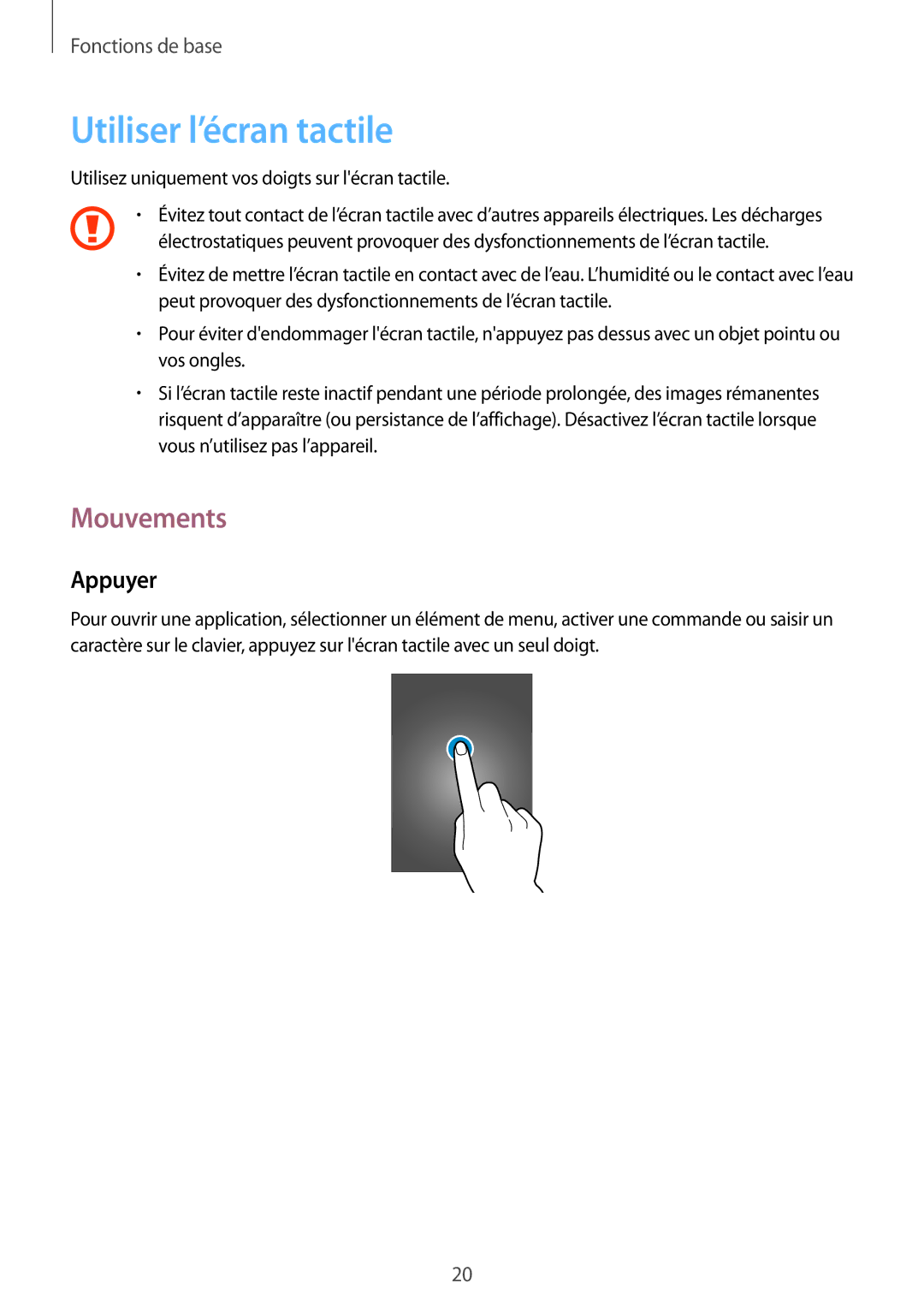 Samsung GT-S5280RWAXEF, GT-S5280LKAXEF manual Utiliser l’écran tactile, Mouvements, Appuyer 