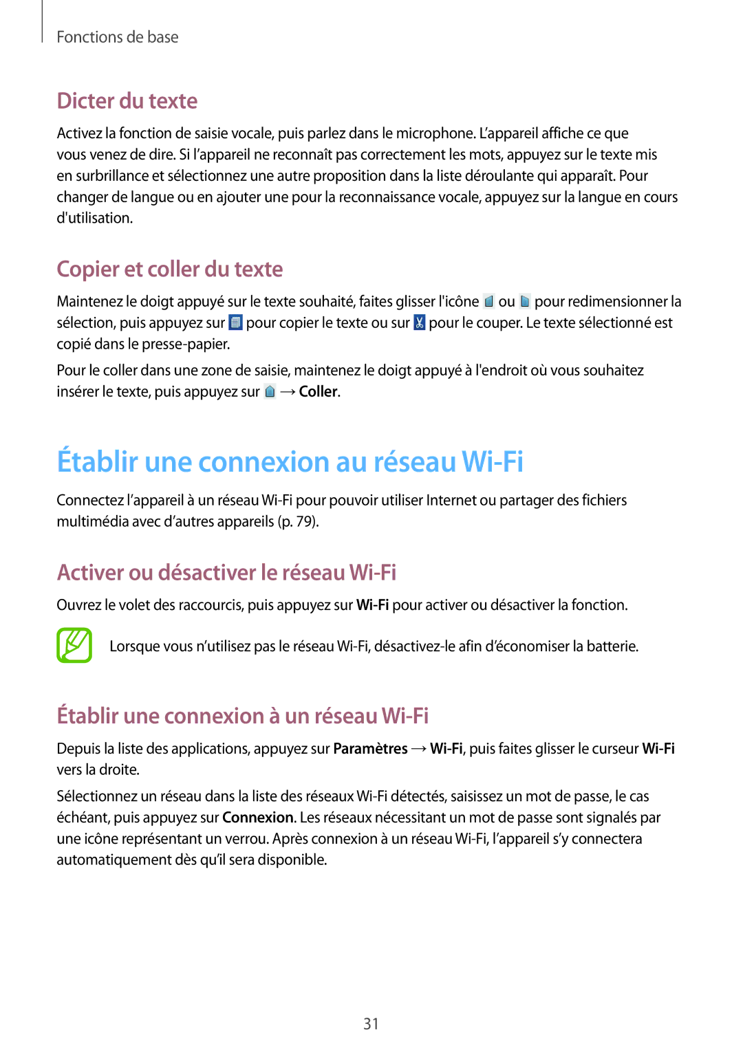 Samsung GT-S5280LKAXEF, GT-S5280RWAXEF Établir une connexion au réseau Wi-Fi, Dicter du texte, Copier et coller du texte 