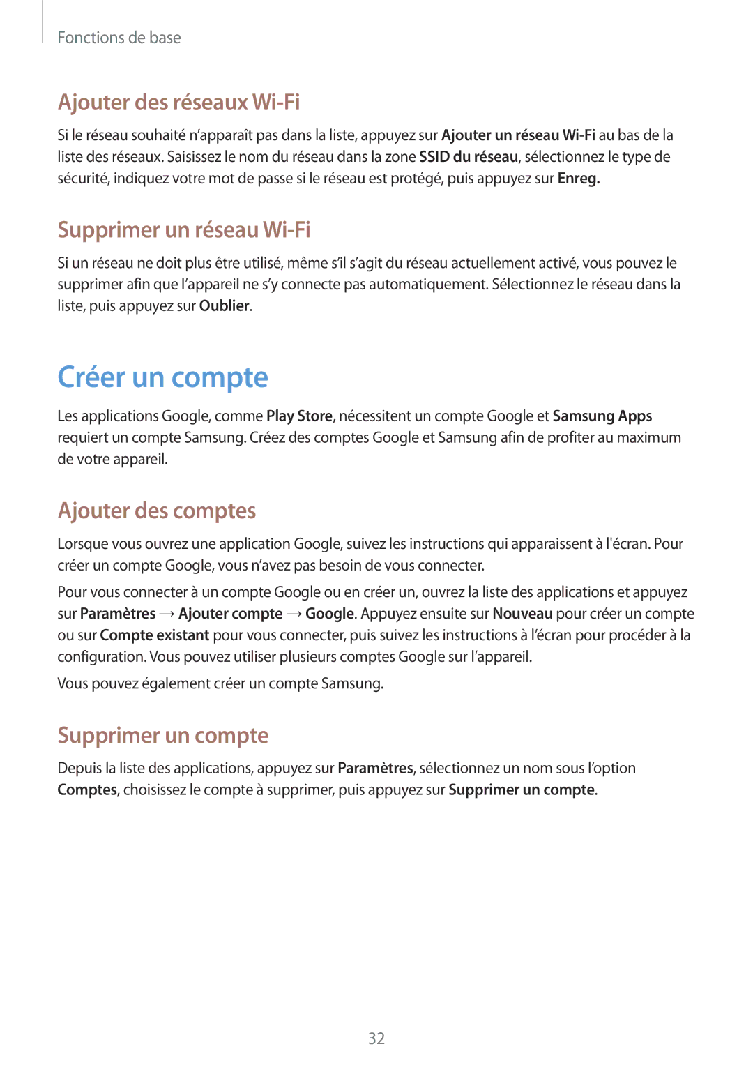 Samsung GT-S5280RWAXEF manual Créer un compte, Ajouter des réseaux Wi-Fi, Supprimer un réseau Wi-Fi, Ajouter des comptes 