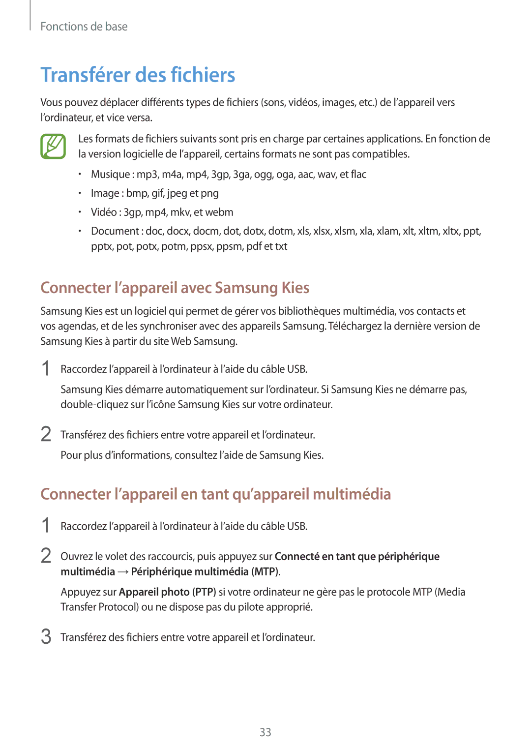 Samsung GT-S5280LKAXEF, GT-S5280RWAXEF manual Transférer des fichiers, Connecter l’appareil avec Samsung Kies 