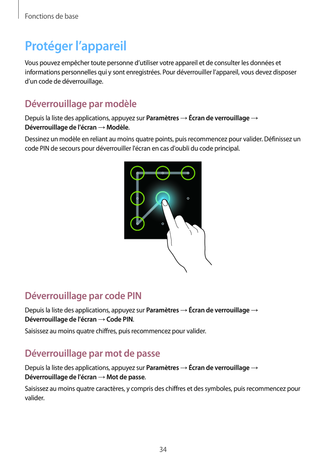 Samsung GT-S5280RWAXEF, GT-S5280LKAXEF manual Protéger l’appareil, Déverrouillage par modèle, Déverrouillage par code PIN 