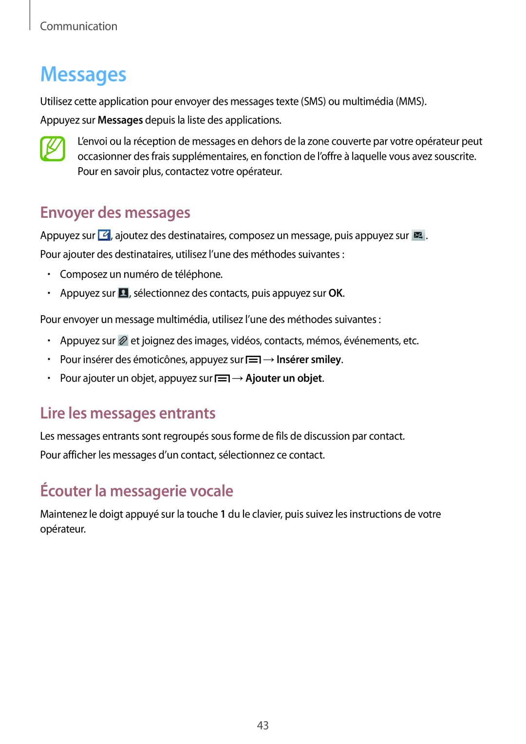 Samsung GT-S5280LKAXEF manual Messages, Envoyer des messages, Lire les messages entrants, Écouter la messagerie vocale 