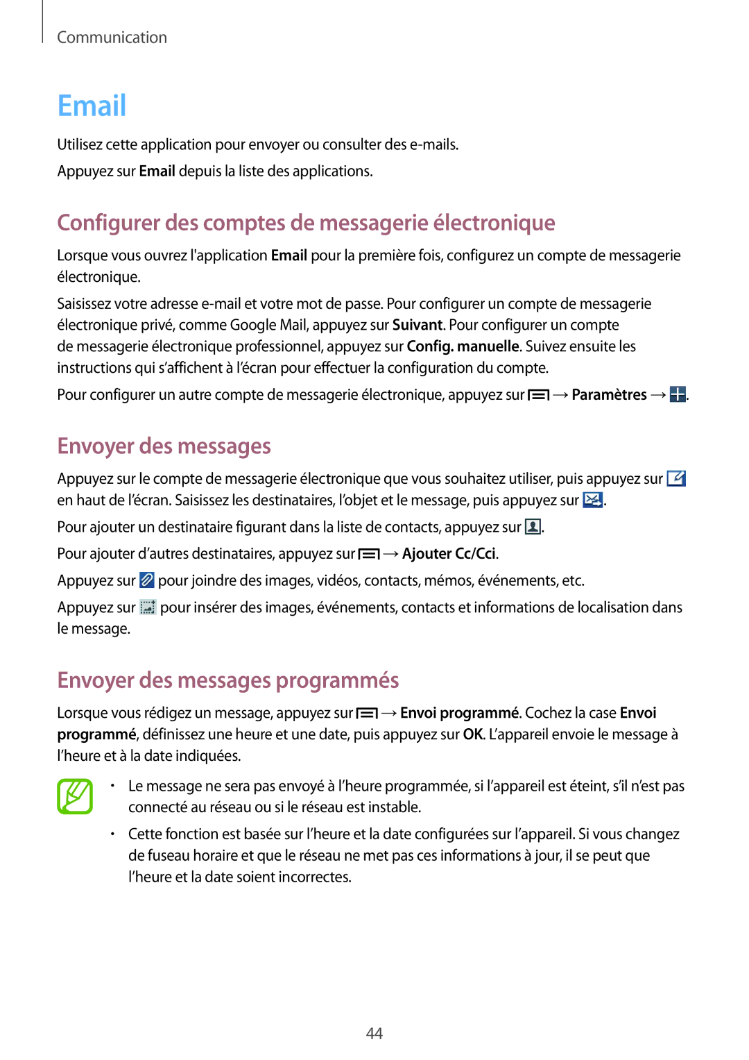 Samsung GT-S5280RWAXEF, GT-S5280LKAXEF Configurer des comptes de messagerie électronique, Envoyer des messages programmés 