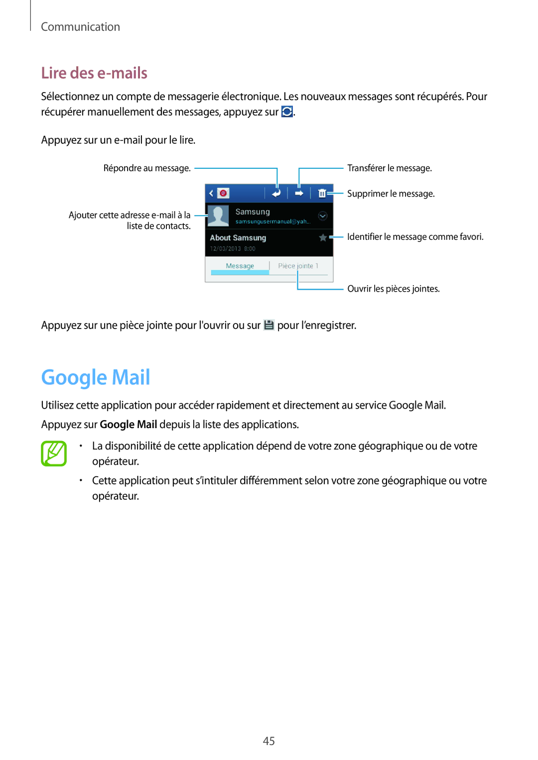 Samsung GT-S5280LKAXEF, GT-S5280RWAXEF manual Google Mail, Lire des e-mails 