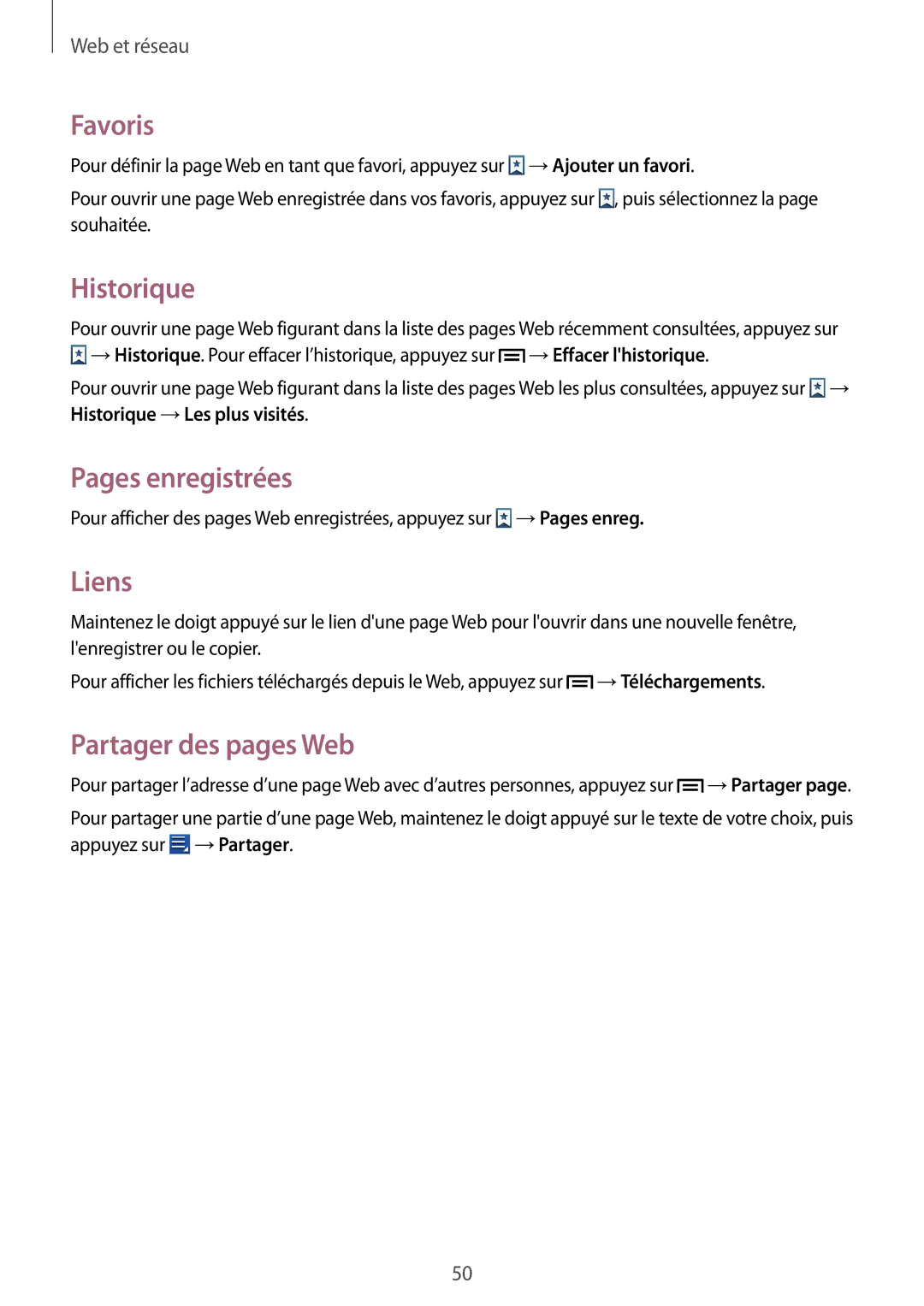 Samsung GT-S5280RWAXEF, GT-S5280LKAXEF manual Favoris, Historique, Pages enregistrées, Liens, Partager des pages Web 