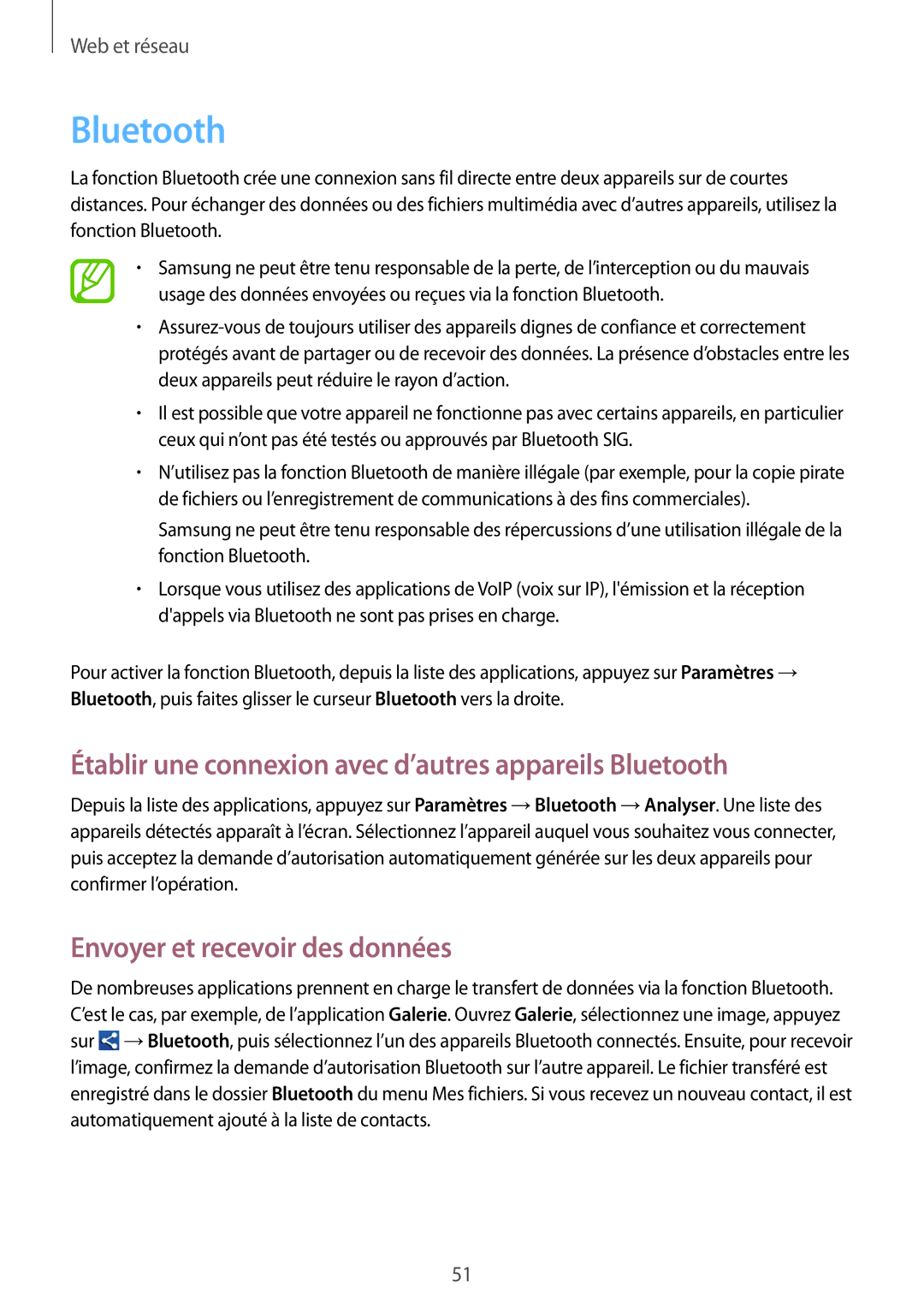 Samsung GT-S5280LKAXEF manual Établir une connexion avec d’autres appareils Bluetooth, Envoyer et recevoir des données 