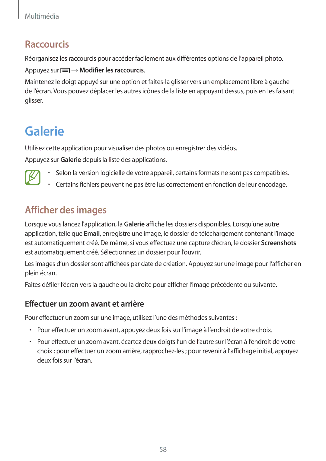 Samsung GT-S5280RWAXEF, GT-S5280LKAXEF manual Galerie, Raccourcis, Afficher des images, Effectuer un zoom avant et arrière 