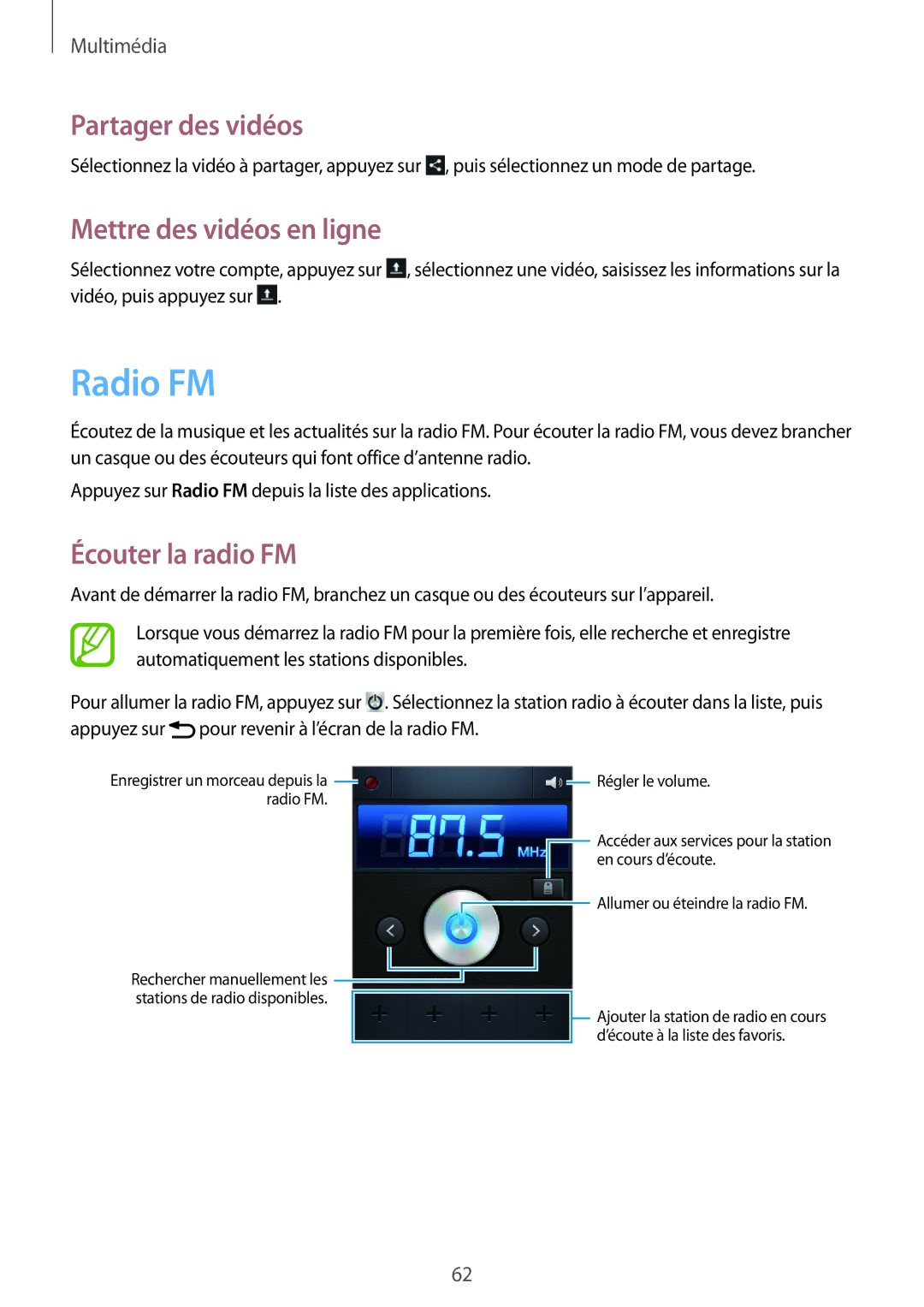 Samsung GT-S5280RWAXEF, GT-S5280LKAXEF manual Radio FM, Mettre des vidéos en ligne, Écouter la radio FM 