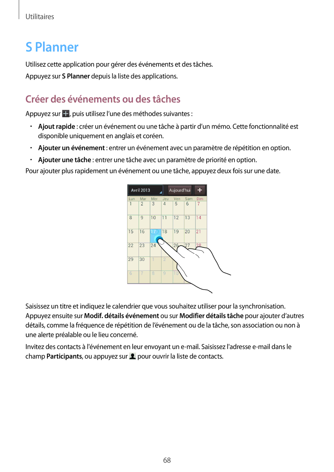Samsung GT-S5280RWAXEF, GT-S5280LKAXEF manual Planner, Créer des événements ou des tâches 