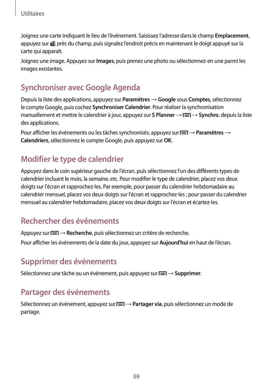 Samsung GT-S5280LKAXEF manual Synchroniser avec Google Agenda, Modifier le type de calendrier, Rechercher des événements 