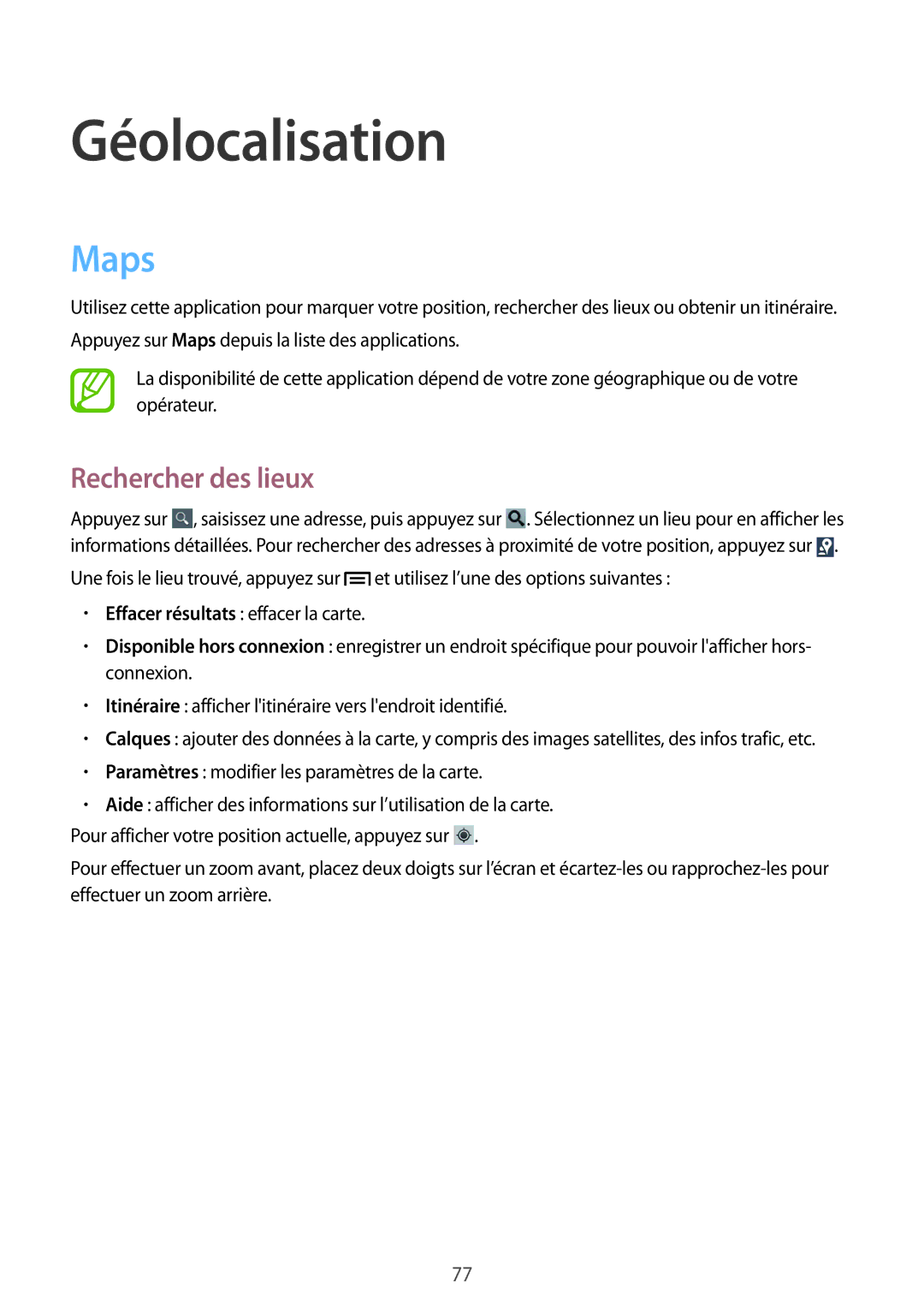 Samsung GT-S5280LKAXEF, GT-S5280RWAXEF manual Géolocalisation, Maps, Rechercher des lieux 