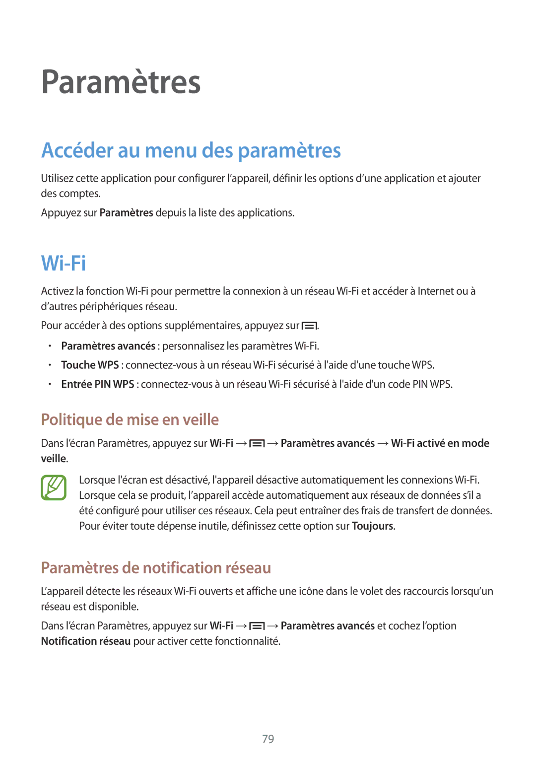 Samsung GT-S5280LKAXEF, GT-S5280RWAXEF manual Paramètres, Accéder au menu des paramètres, Wi-Fi, Politique de mise en veille 