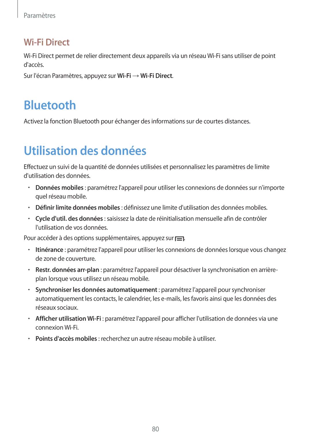 Samsung GT-S5280RWAXEF, GT-S5280LKAXEF manual Utilisation des données, Wi-Fi Direct 