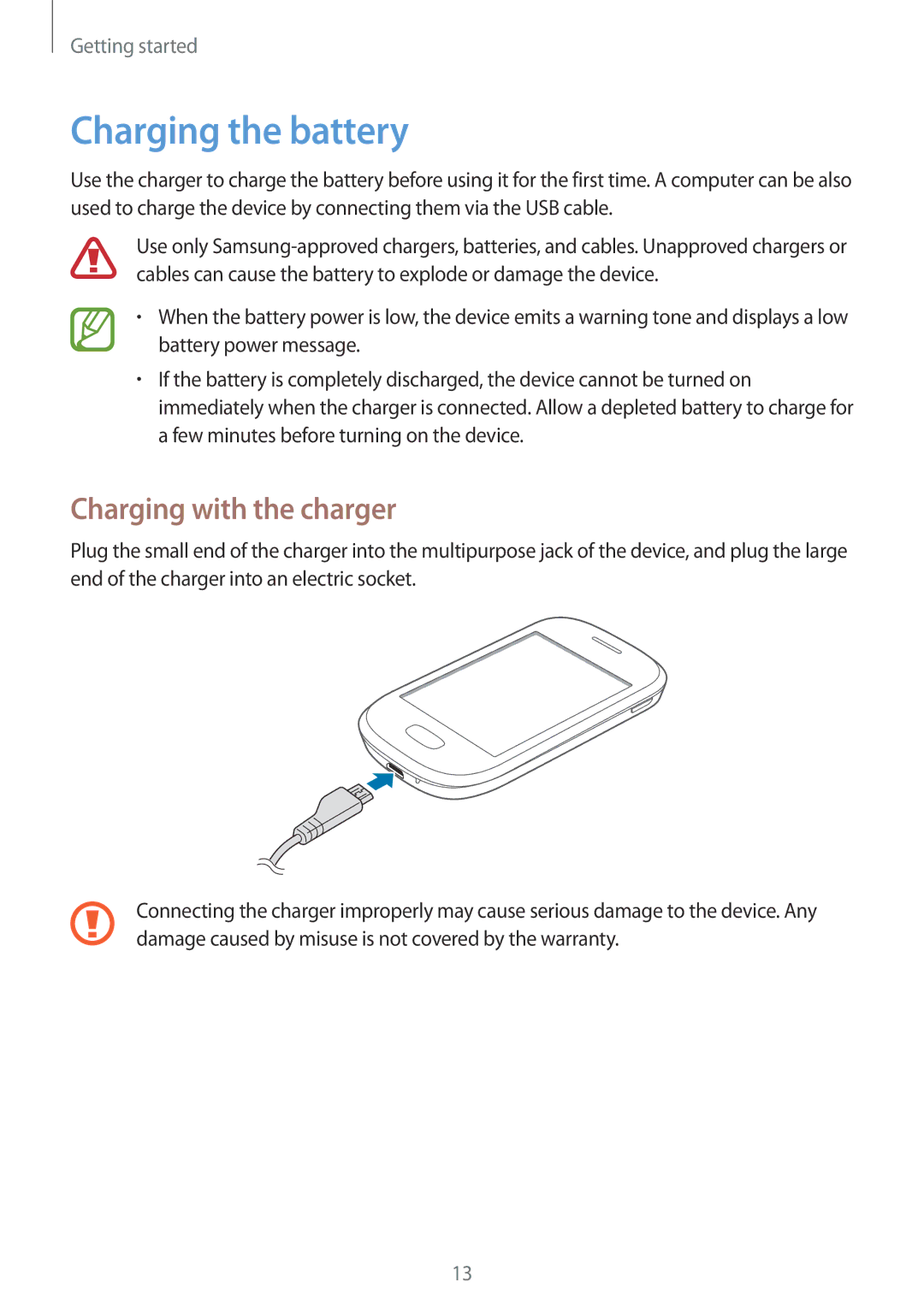 Samsung GT-S5282LKATMC, GT-S5282LKAXFE, GT-S5282ZSAAFR, GT-S5282ZSATMC manual Charging the battery, Charging with the charger 