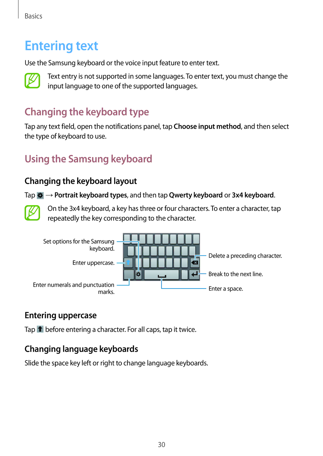 Samsung GT-S5282LKAXFE, GT-S5282ZSAAFR manual Entering text, Changing the keyboard type, Using the Samsung keyboard 