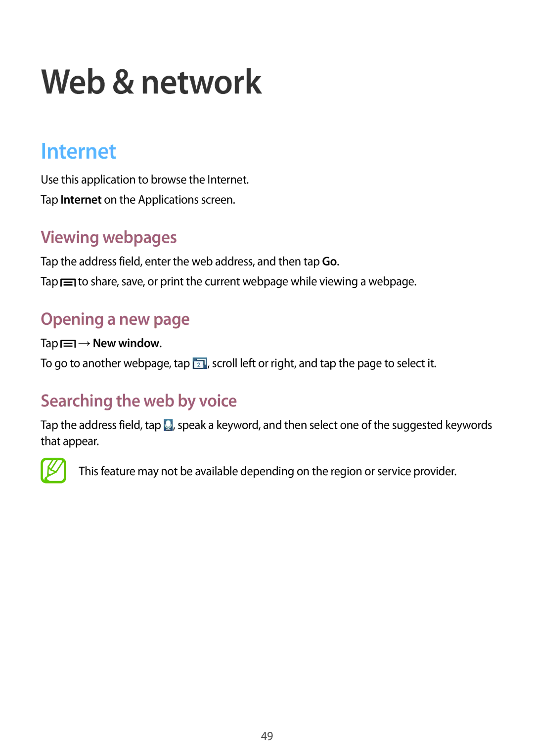 Samsung GT-S5282LKAXXV manual Web & network, Internet, Viewing webpages, Opening a new, Searching the web by voice 