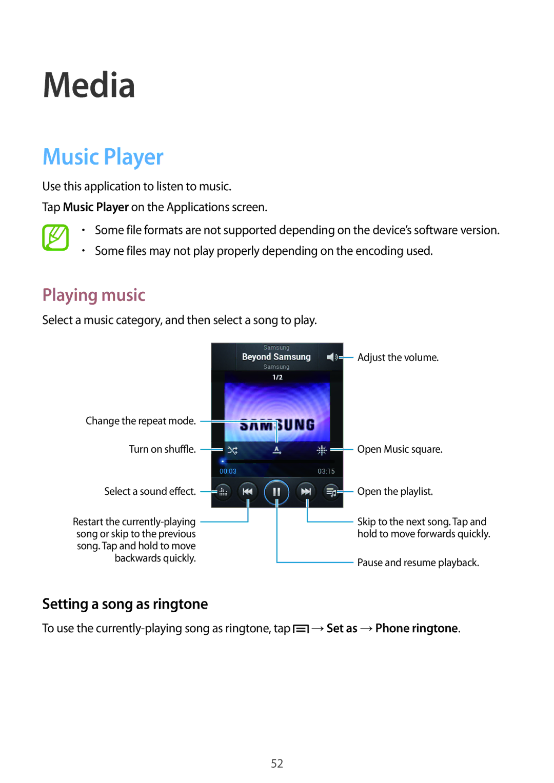 Samsung GT-S5282ZSATMC manual Media, Music Player, Playing music, Setting a song as ringtone, →Set as →Phone ringtone 