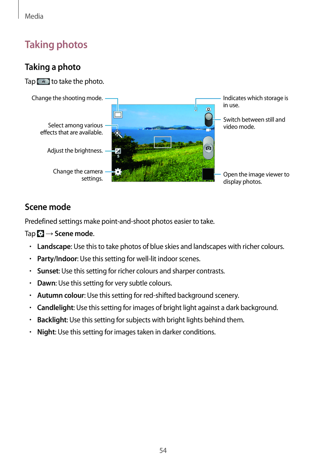 Samsung GT-S5282ZSATHR, GT-S5282LKAXFE, GT-S5282ZSAAFR, GT-S5282ZSATMC Taking photos, Taking a photo, Tap →Scene mode 