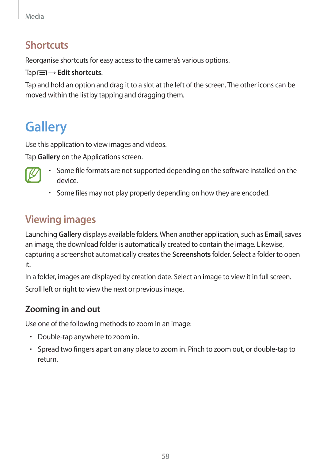 Samsung GT-S5282RWAXXV, GT-S5282LKAXFE manual Gallery, Shortcuts, Viewing images, Zooming in and out, Tap →Edit shortcuts 