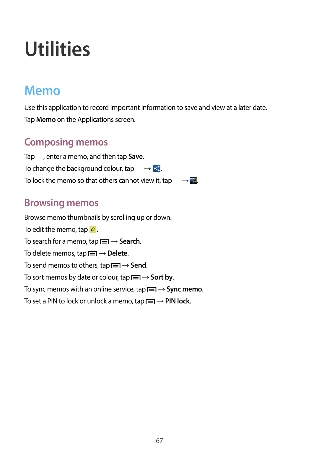 Samsung GT-S5282RWATMC, GT-S5282LKAXFE, GT-S5282ZSAAFR, GT-S5282ZSATMC manual Utilities, Memo, Composing memos, Browsing memos 