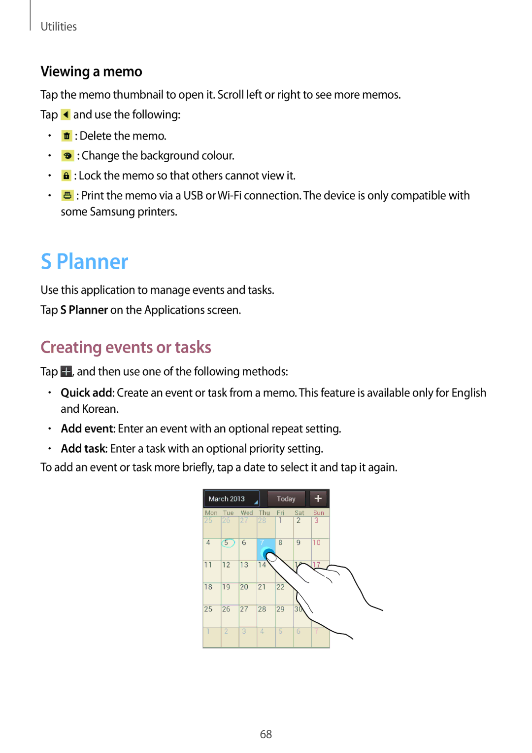 Samsung GT-S5282RWAXXV, GT-S5282LKAXFE, GT-S5282ZSAAFR, GT-S5282ZSATMC Planner, Creating events or tasks, Viewing a memo 