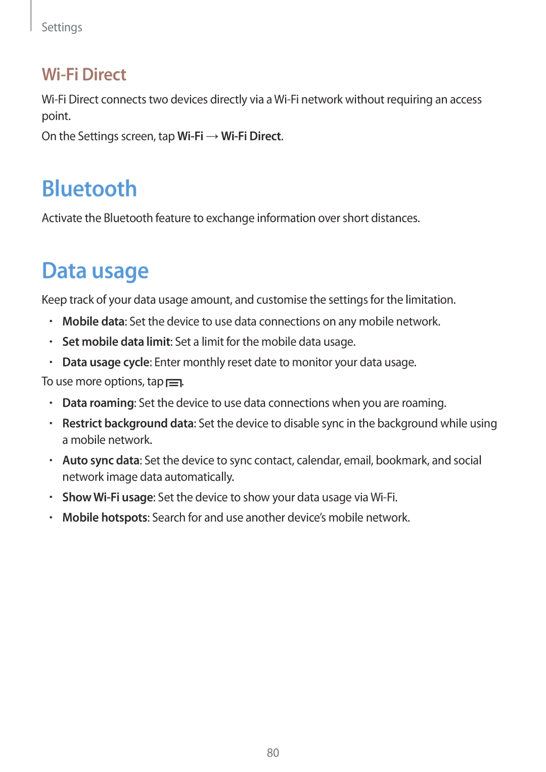 Samsung GT-S5282LKAXFE, GT-S5282ZSAAFR, GT-S5282ZSATMC, GT-S5282LKATMC, GT-S5282ZSATHR manual Data usage, Wi-Fi Direct 