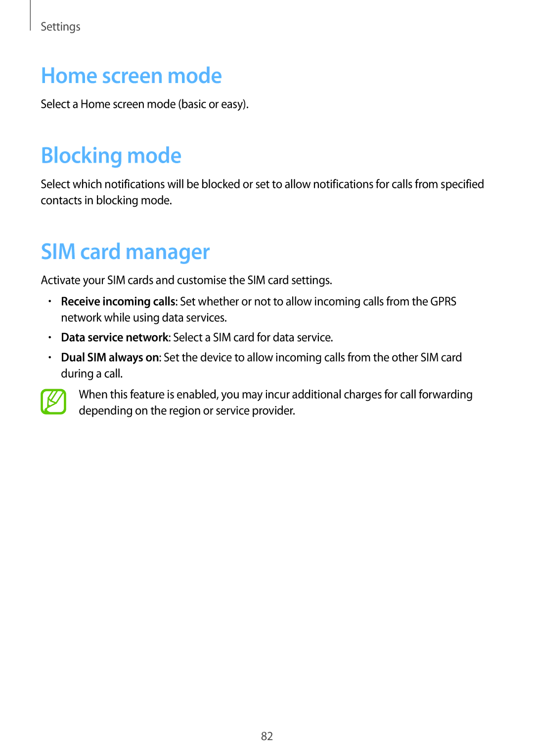 Samsung GT-S5282ZSATMC, GT-S5282LKAXFE, GT-S5282ZSAAFR, GT-S5282LKATMC Home screen mode, Blocking mode, SIM card manager 