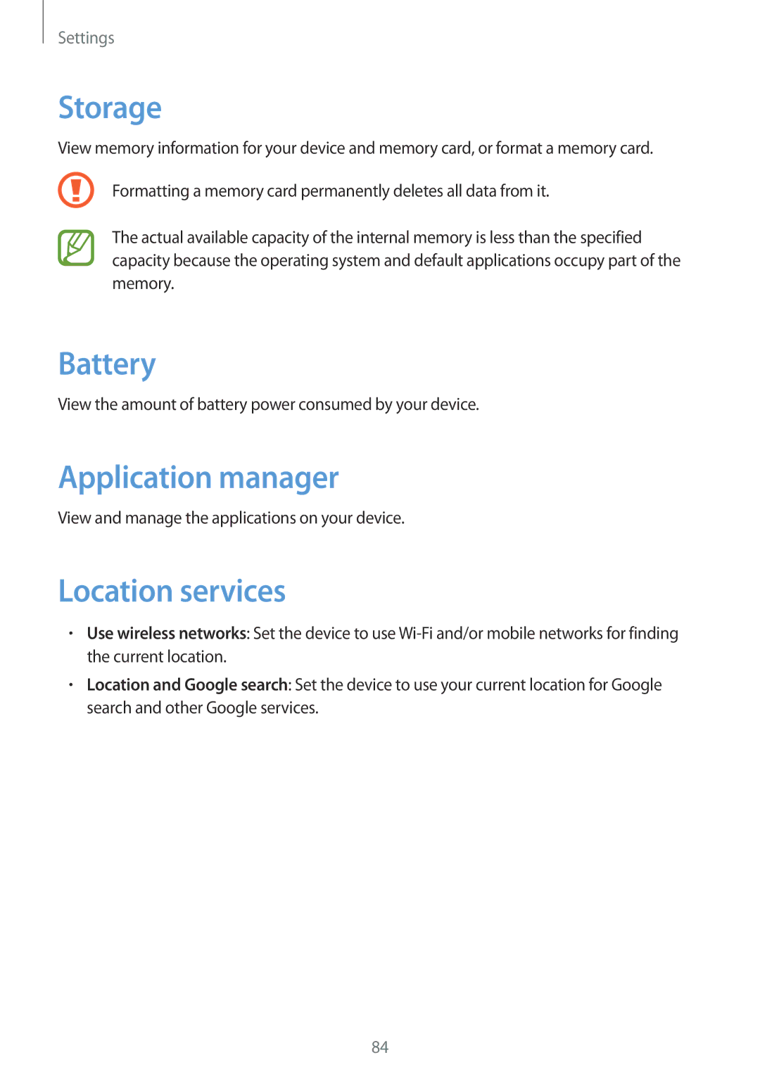 Samsung GT-S5282ZSATHR, GT-S5282LKAXFE, GT-S5282ZSAAFR manual Storage, Battery, Application manager, Location services 