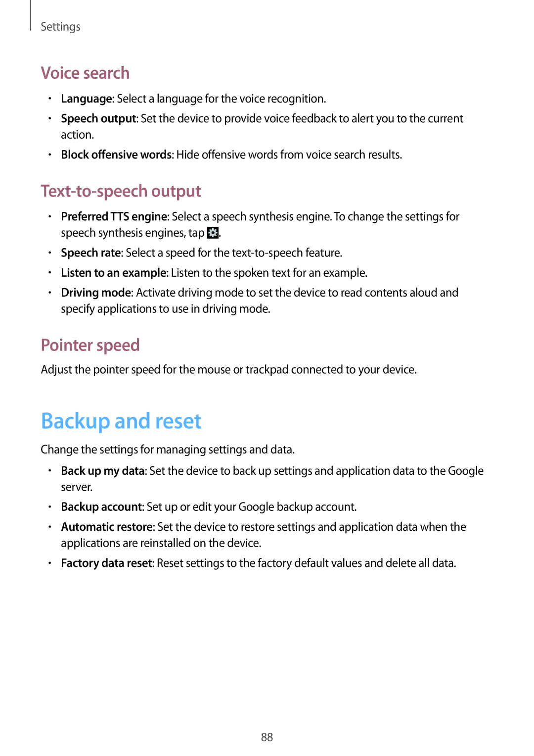 Samsung GT-S5282RWAXXV, GT-S5282LKAXFE, GT-S5282ZSAAFR Backup and reset, Voice search, Text-to-speech output, Pointer speed 