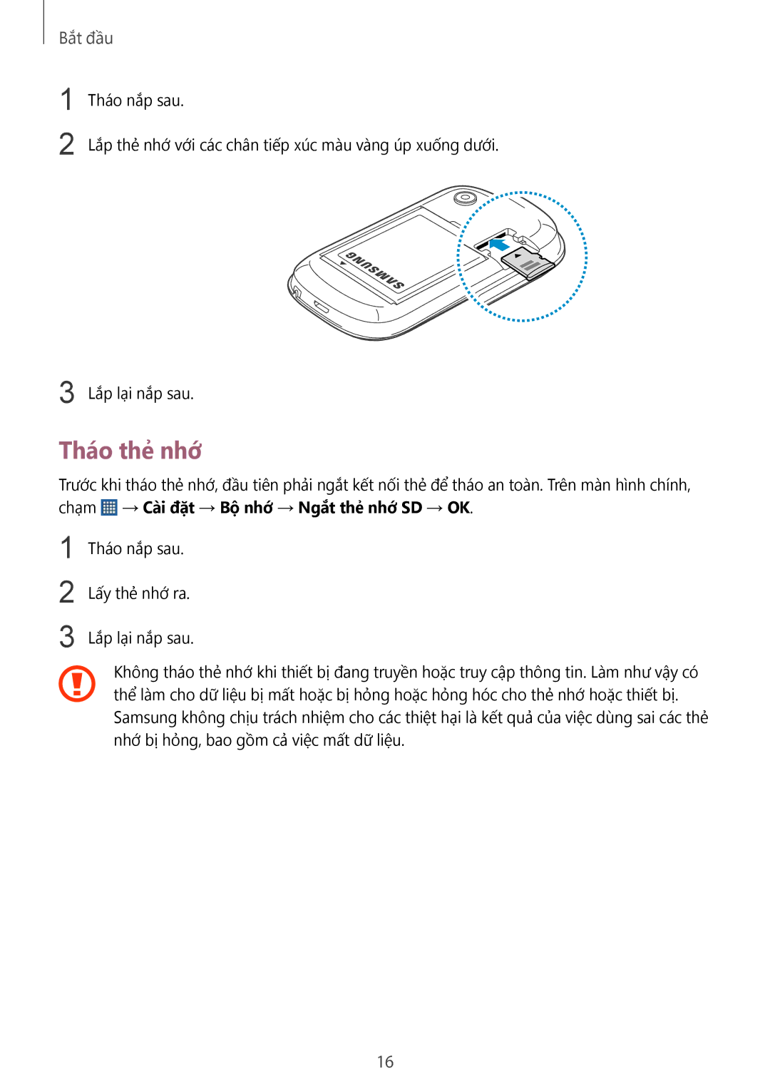 Samsung GT-S5282RWAXXV, GT-S5282LKAXXV manual Tháo thẻ̉ nhớ 