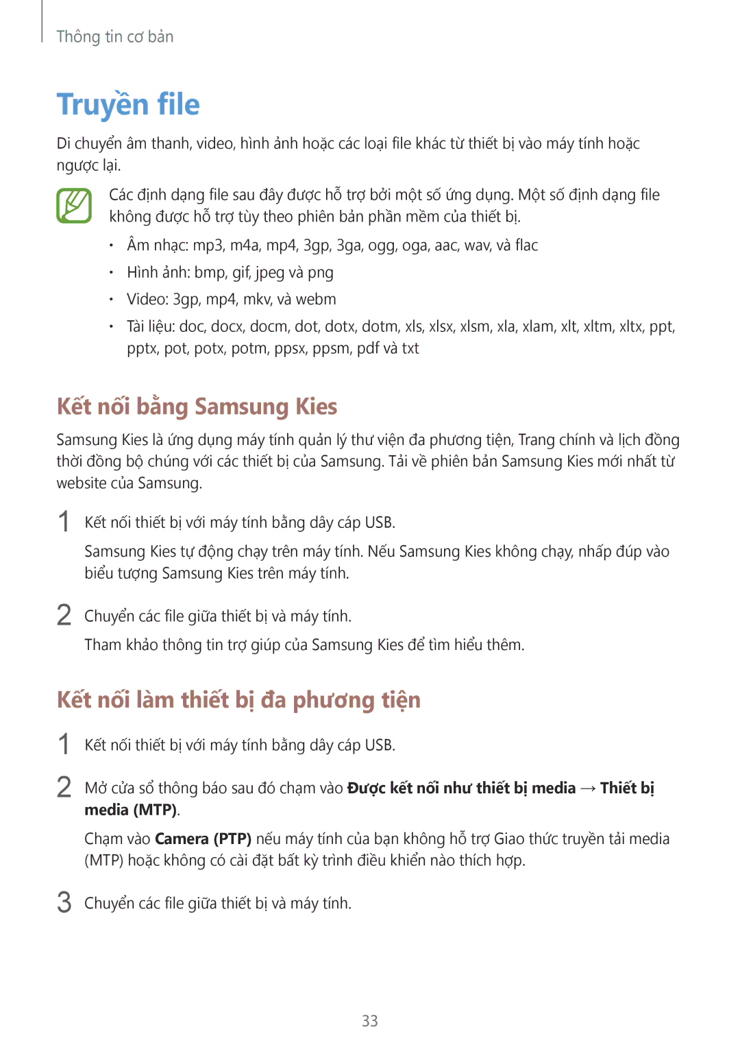 Samsung GT-S5282LKAXXV, GT-S5282RWAXXV manual Truyền file, Kết nối bằng Samsung Kies, Kết nối làm thiết bị đa phương tiện 