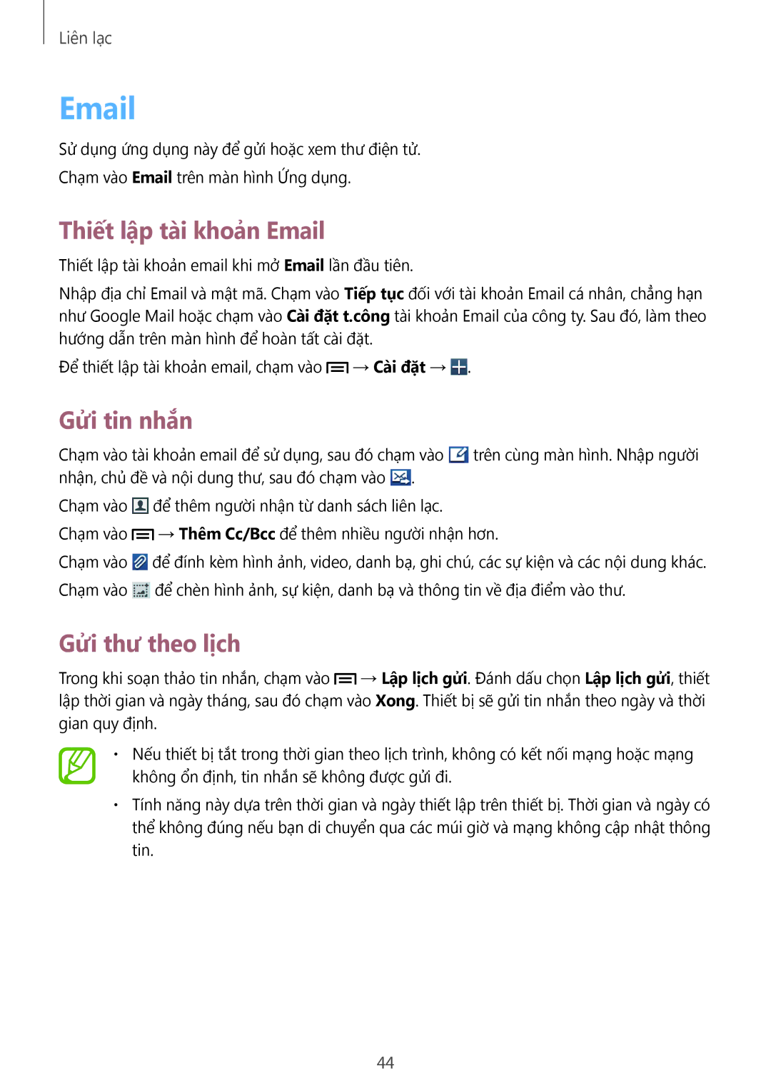 Samsung GT-S5282RWAXXV, GT-S5282LKAXXV manual Thiết lập tài khoản Email, Gửi thư theo lịch 
