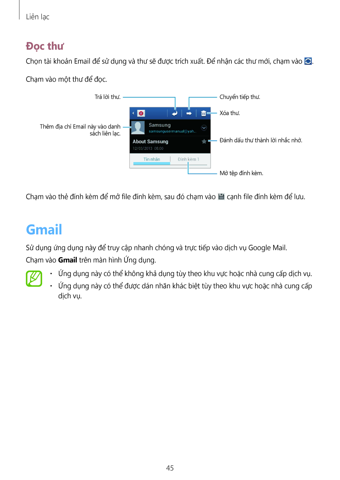 Samsung GT-S5282LKAXXV, GT-S5282RWAXXV manual Gmail, Đọc thư 