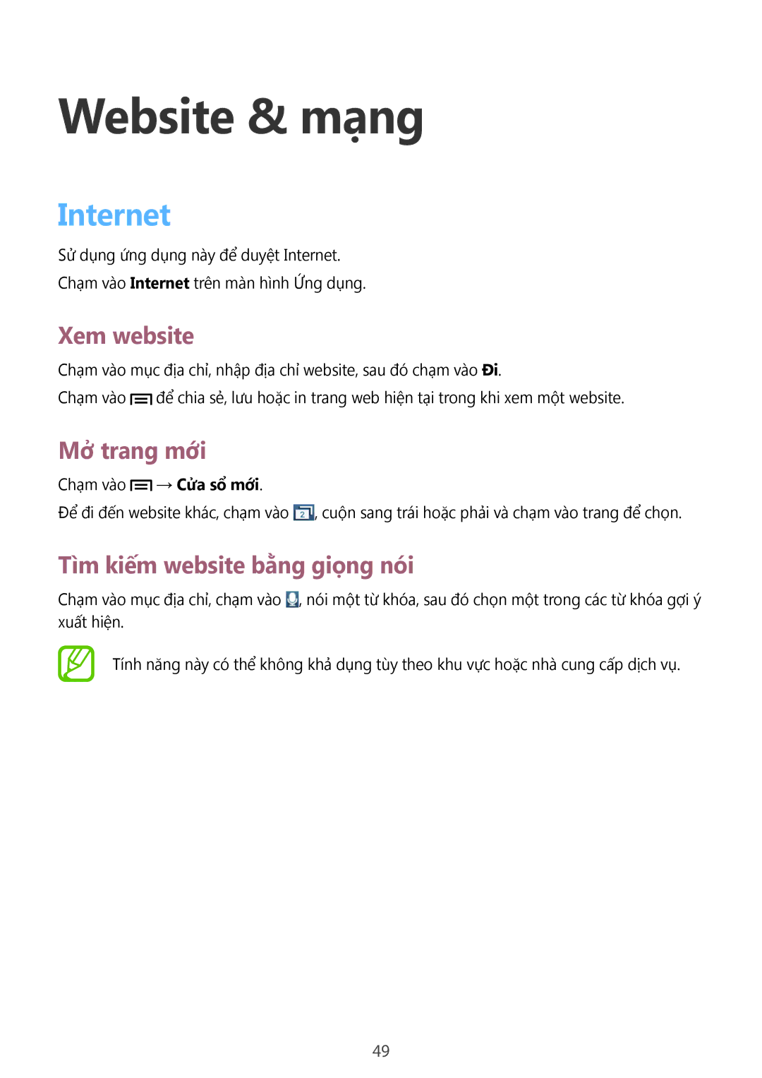 Samsung GT-S5282LKAXXV manual Website & mạng, Internet, Xem website, Mở trang mới, Tìm kiếm website bằng giọng nói 