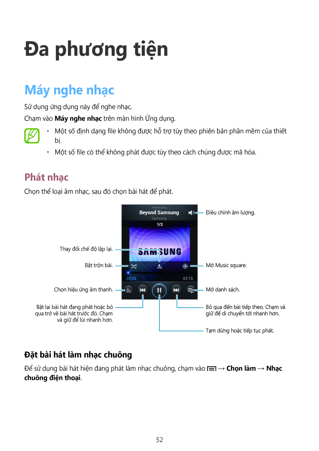 Samsung GT-S5282RWAXXV, GT-S5282LKAXXV manual Đa phương tiện, Máy nghe nhạc, Phát nhạc, Đặt bài hát làm nhạc chuông 