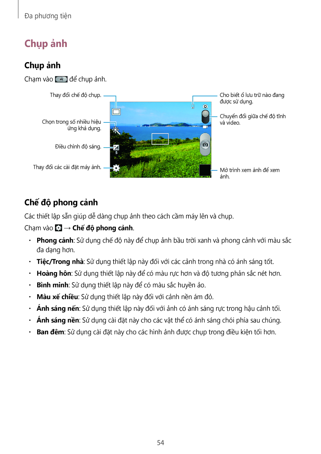 Samsung GT-S5282RWAXXV, GT-S5282LKAXXV manual Chụp ảnh, Chế độ phong cảnh 