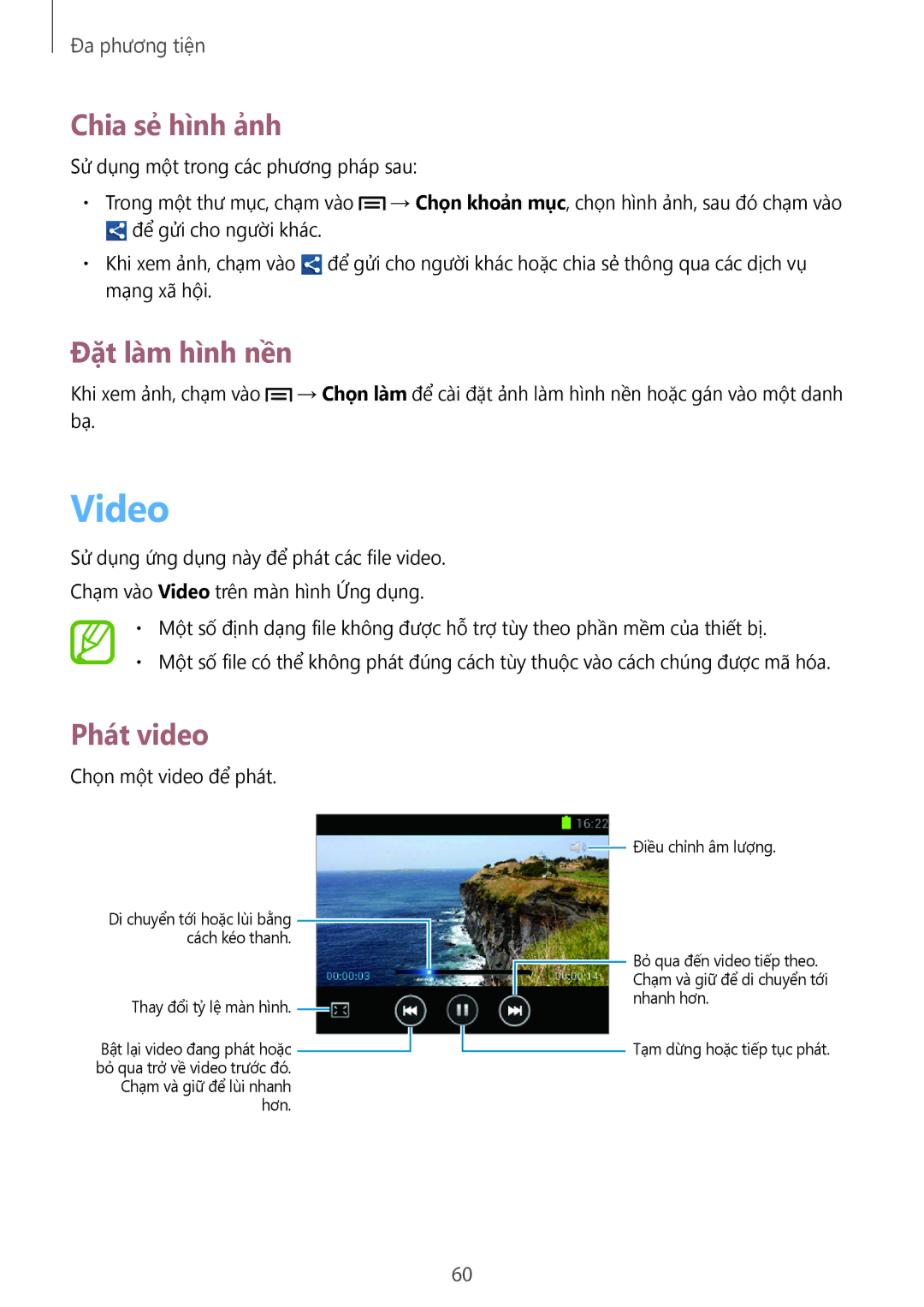 Samsung GT-S5282RWAXXV, GT-S5282LKAXXV manual Video, Chia sẻ̉ hình ảnh, Đặt làm hình nền 