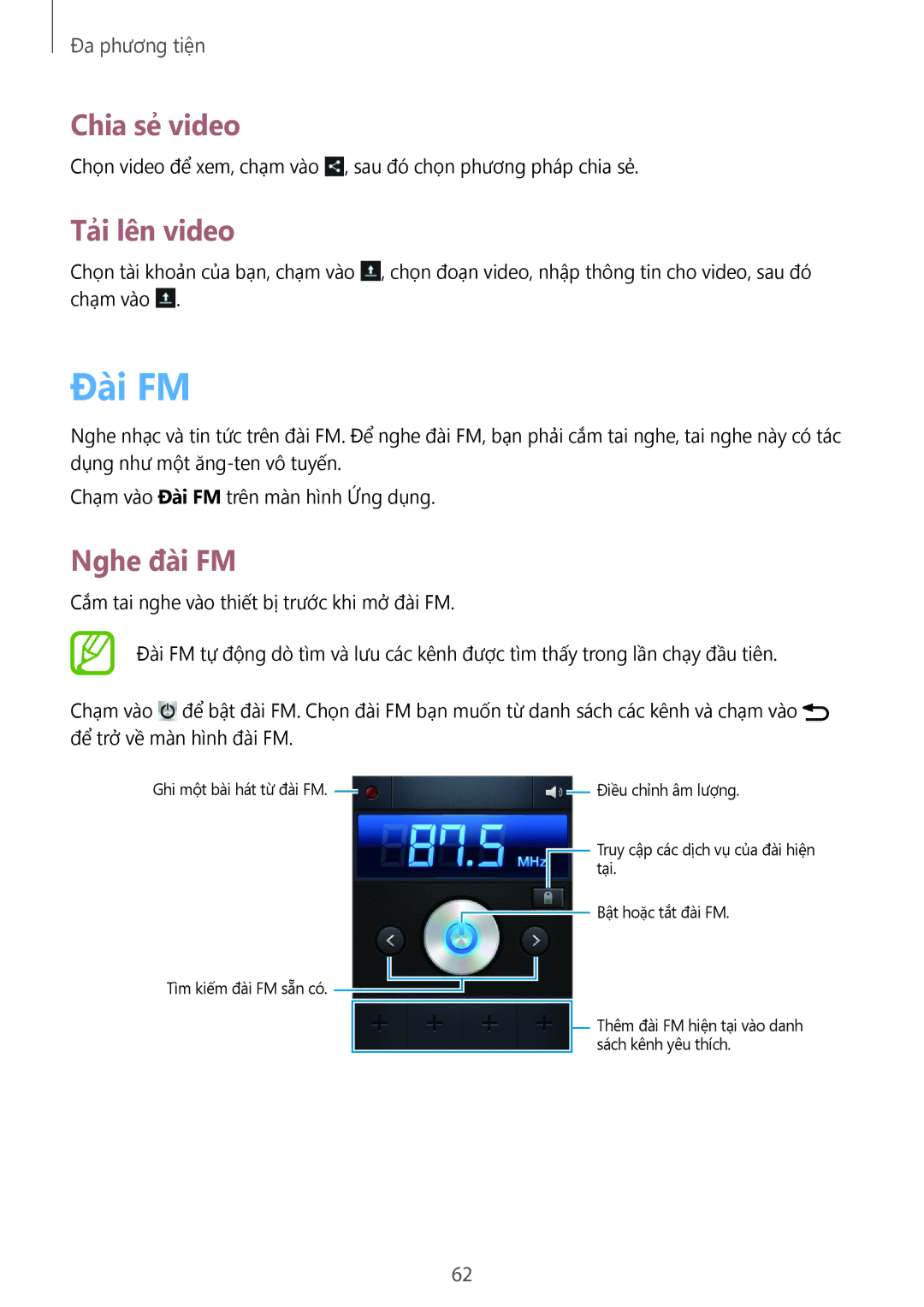 Samsung GT-S5282RWAXXV, GT-S5282LKAXXV manual Đài FM, Tải lên video, Nghe đài FM 
