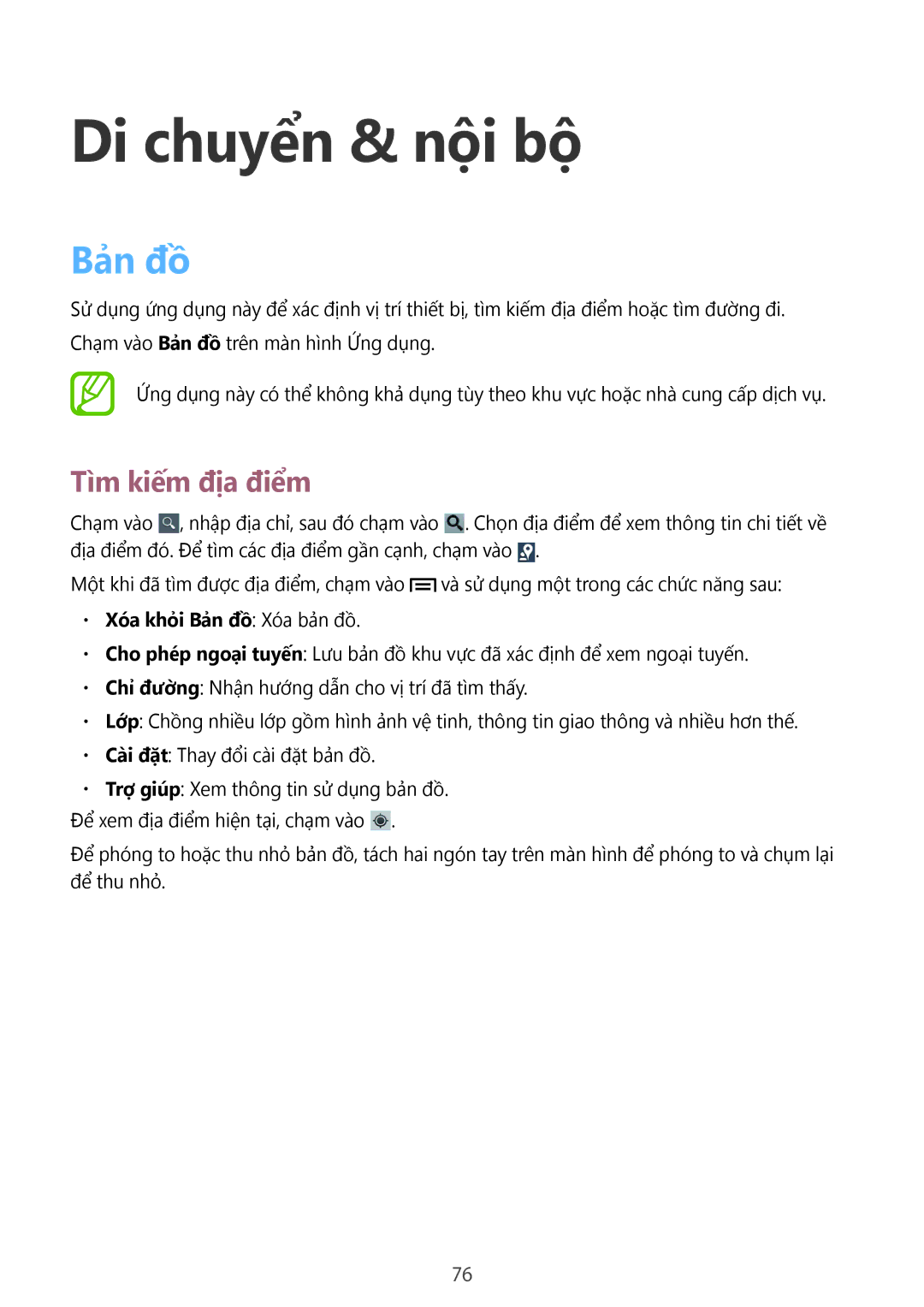 Samsung GT-S5282RWAXXV, GT-S5282LKAXXV manual Di chuyển & nội bộ, Tìm kiếm địa điểm, Xóa khỏi Bản đồ Xóa bản đồ 