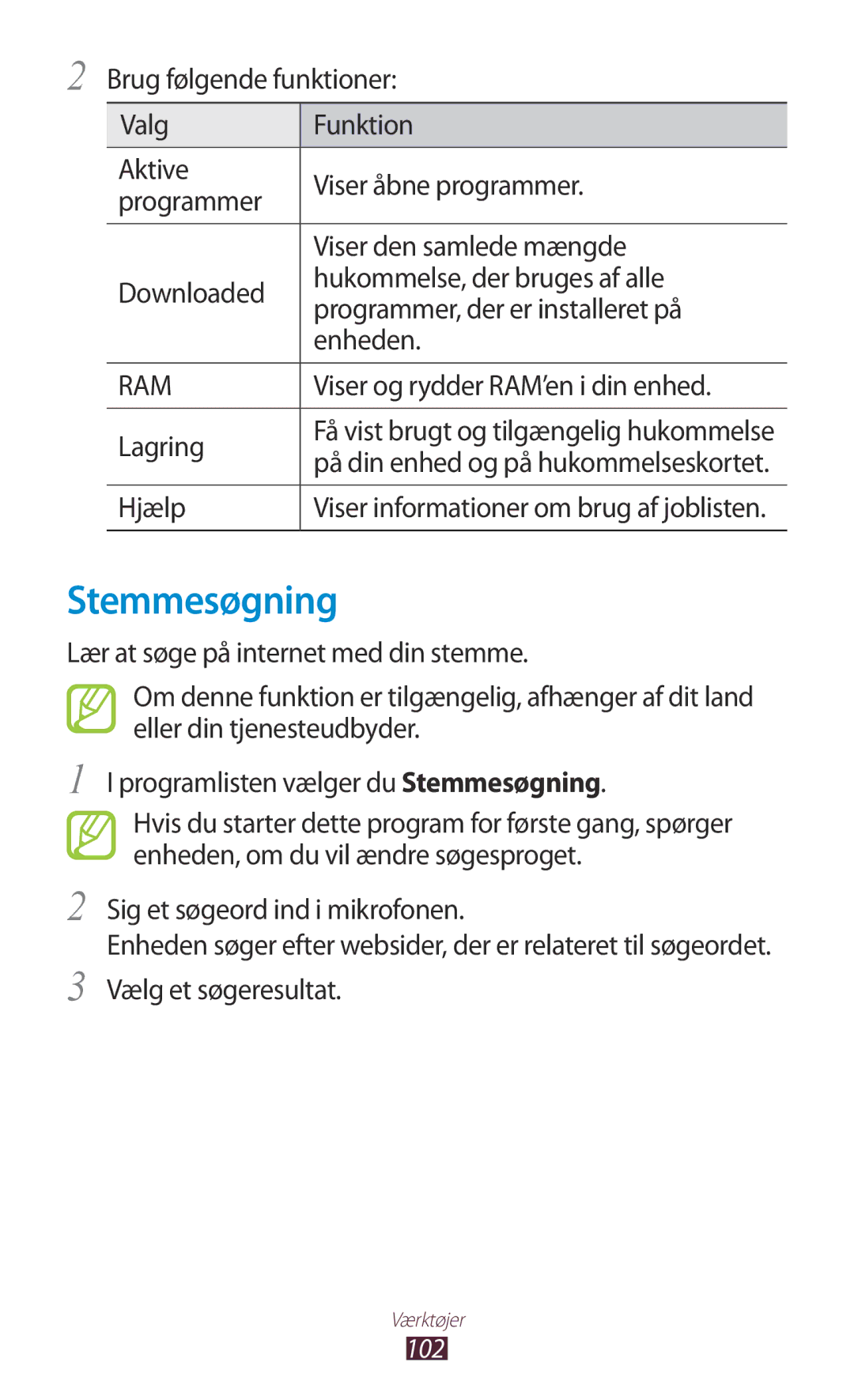 Samsung GT-S5300ZOANEE, GT-S5300ZIANEE, GT-S5300ZYANEE manual Stemmesøgning, Viser og rydder RAM’en i din enhed, Hjælp 