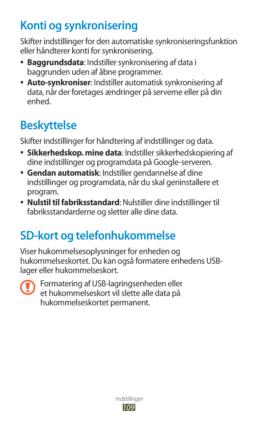 Samsung GT-S5300ZWANEE, GT-S5300ZIANEE, GT-S5300ZYANEE Konti og synkronisering, Beskyttelse, SD-kort og telefonhukommelse 