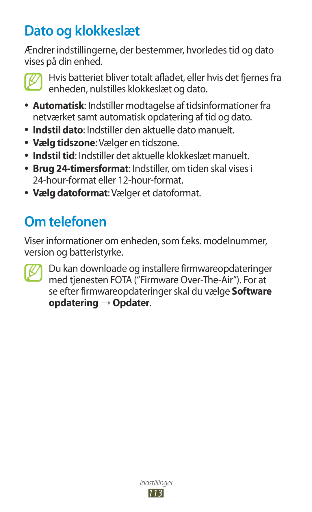 Samsung GT-S5300ZKANEE, GT-S5300ZIANEE, GT-S5300ZYANEE manual Dato og klokkeslæt, Om telefonen, Opdatering → Opdater 