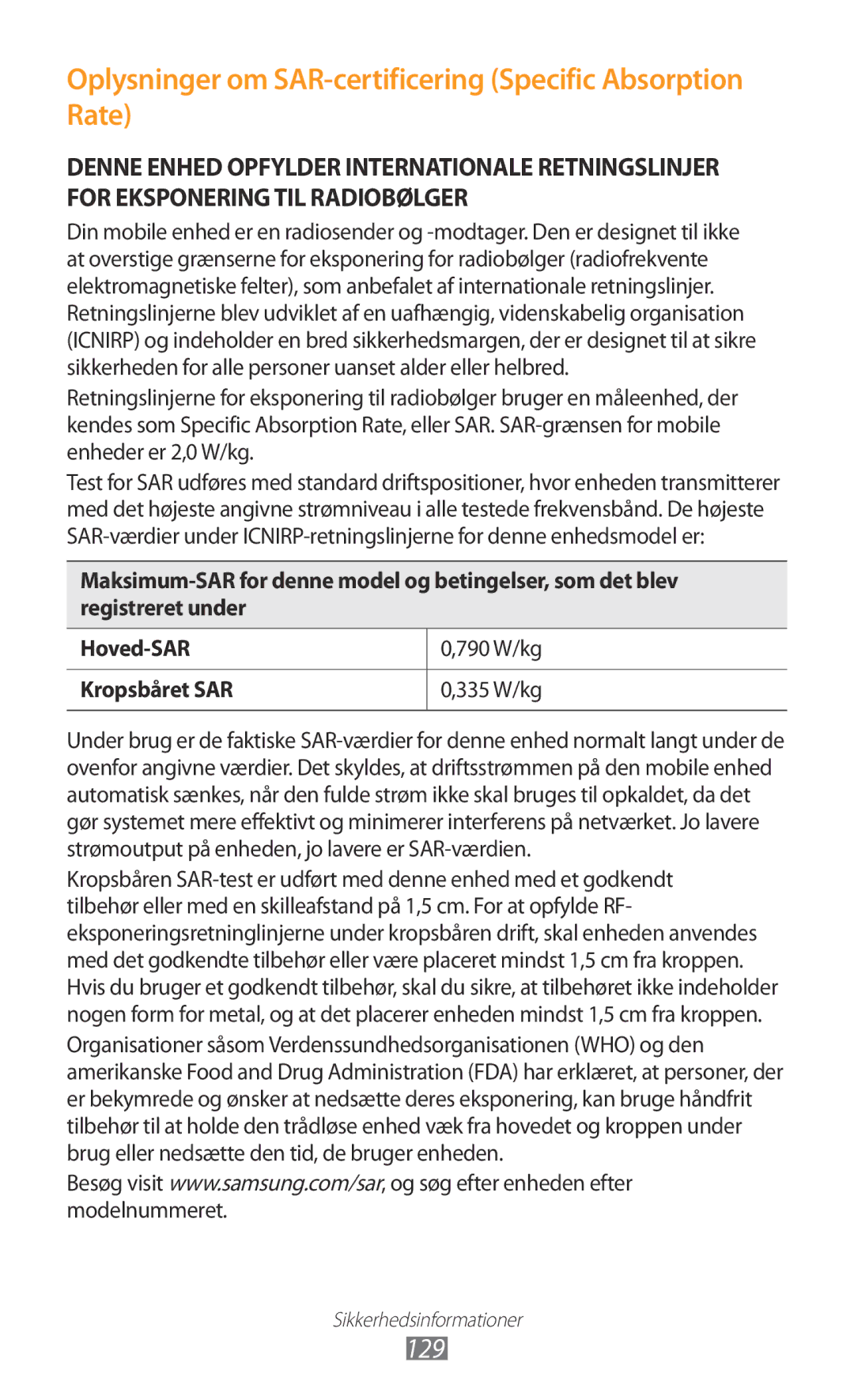 Samsung GT-S5300ZWANEE, GT-S5300ZIANEE, GT-S5300ZYANEE manual Oplysninger om SAR-certificering Specific Absorption Rate 